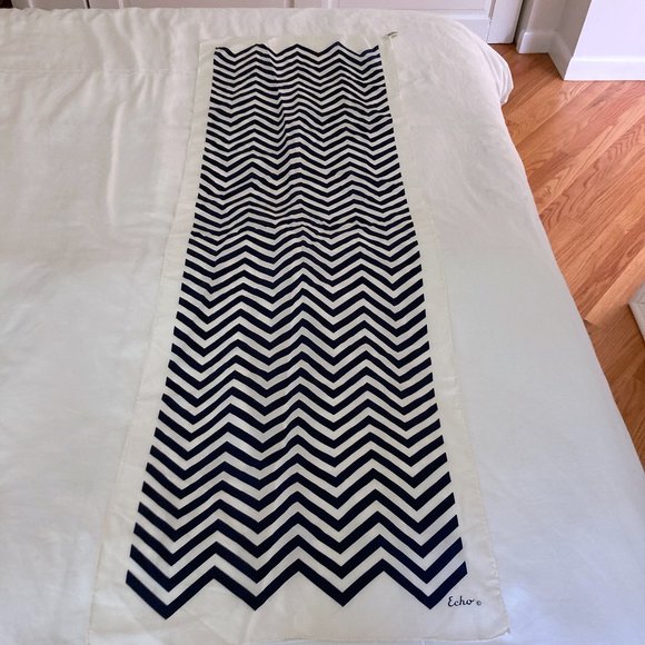 Navy Blue and White Chevron Silk Long Scarf - Picture 1 of 5